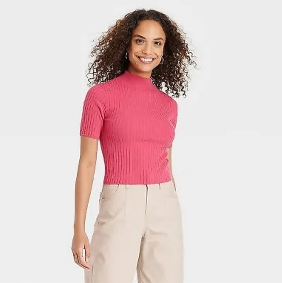 2pc Women's Mock Turtleneck Ribbed Sweater - A New Day Burgundy & Pink - Picture 3 of 6